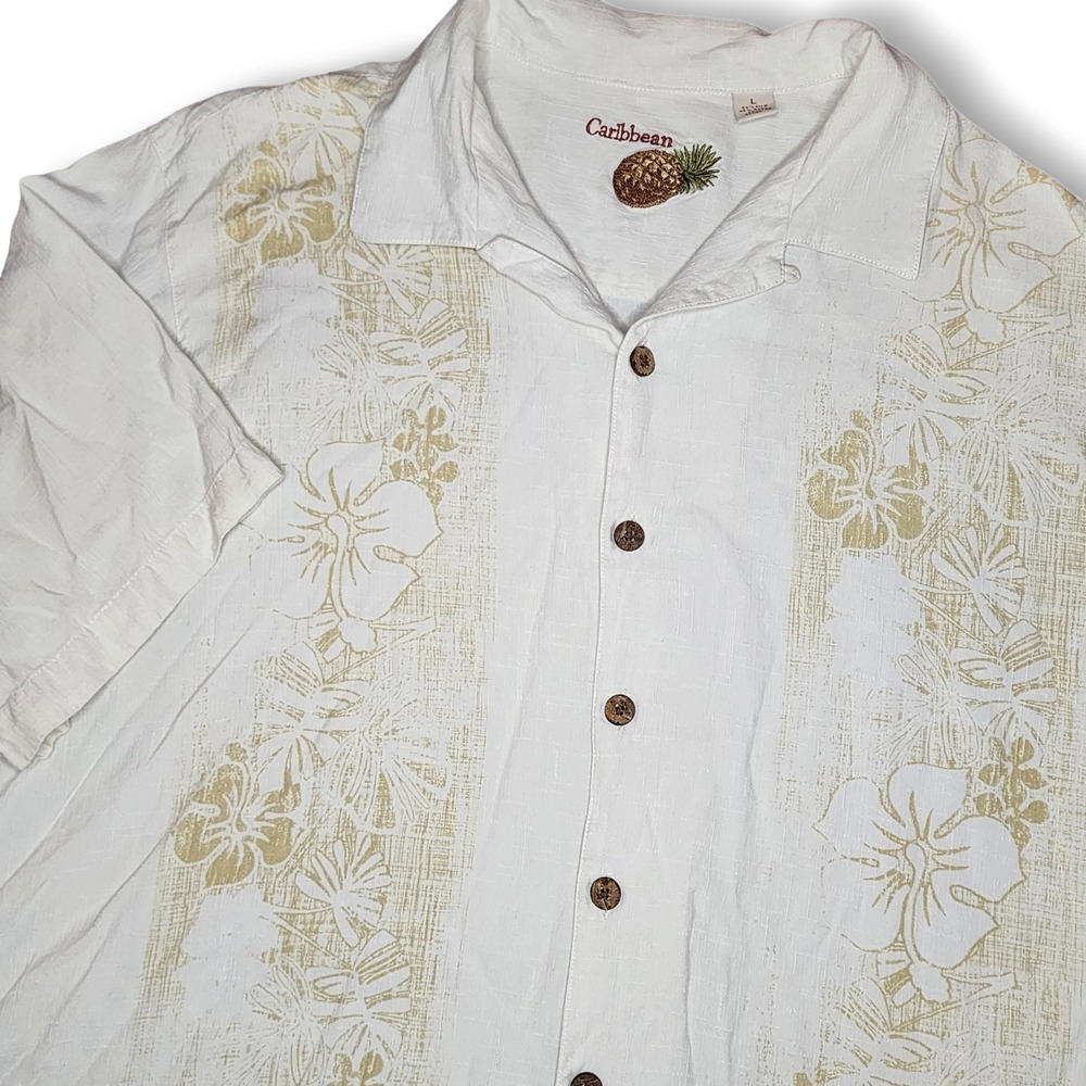 Caribbean Mens Large Hawaiian Shirt White Silk rayon Floral Short Sleeve camp